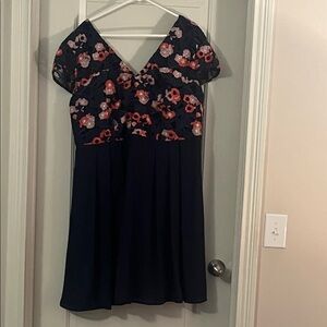 Navy Floral A-Line Dress with Embroidered Bodice